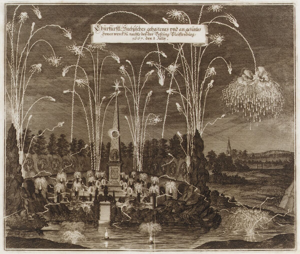 Celebration for the Elector Johann Georg II, Leipzig, July 8, 1667: Fireworks Display by Night, Etching and engraving