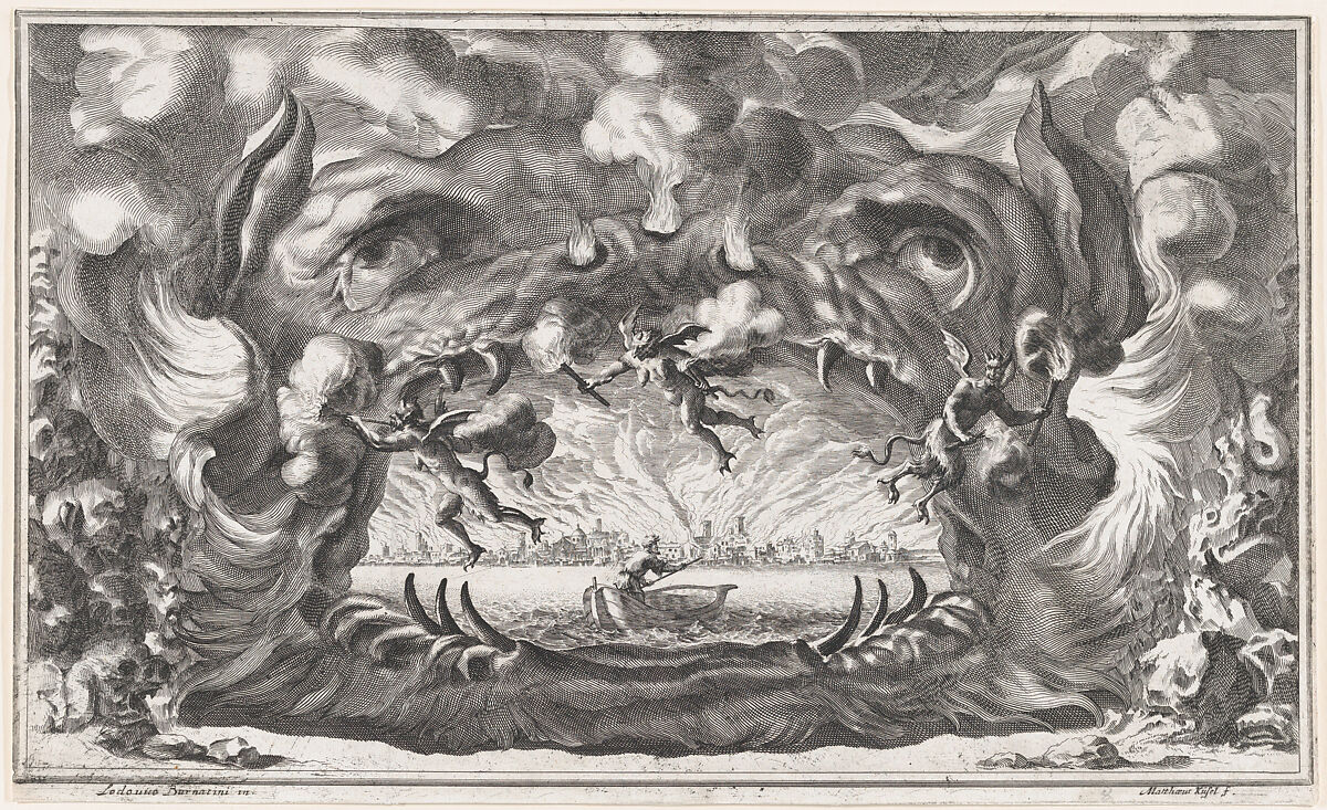 The hellmouth, set design from 'Il Pomo D'Oro', Mathäus Küsel (German, 1621–1682), Etching and engraving 