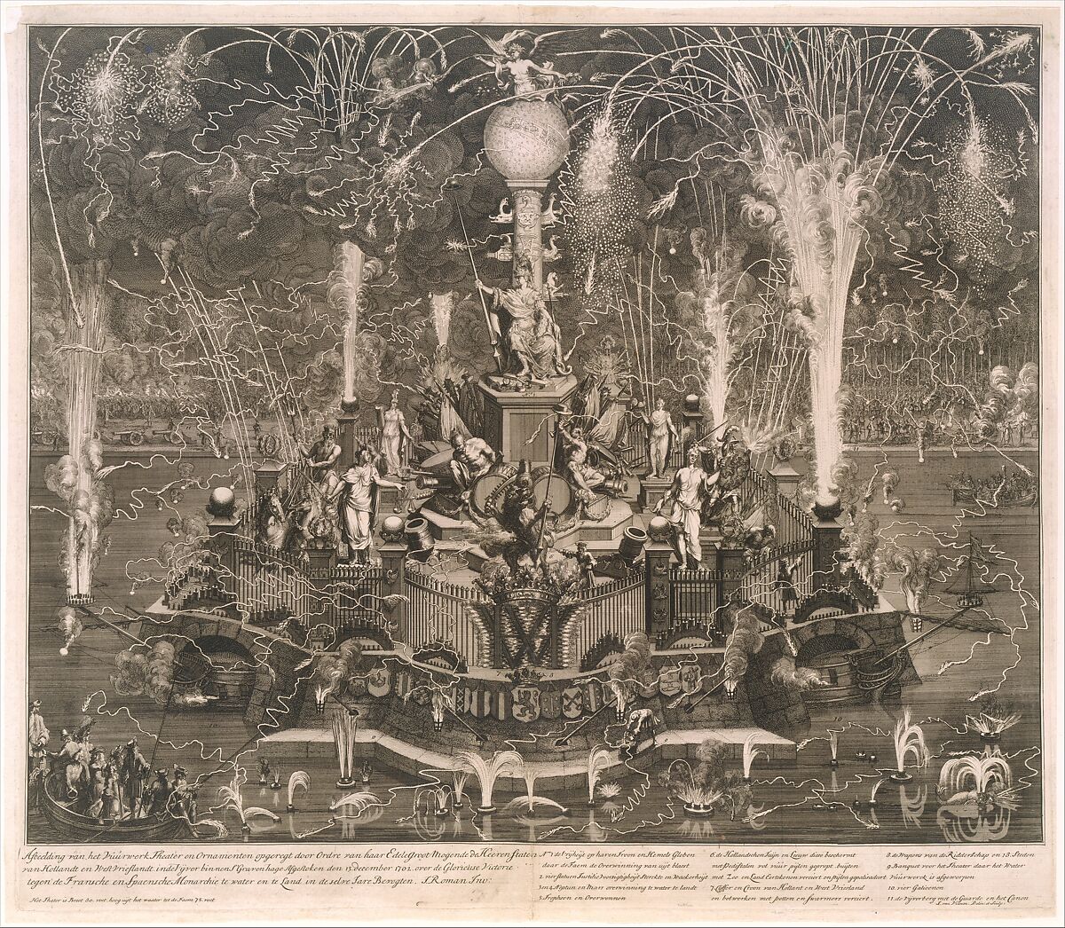 The Dutch Victory over the French and Spanish at Vigo Bay: Fireworks in the Hague, December 13, 1702, Jan van Vianen (Dutch, 1660–1726), Etching and engraving