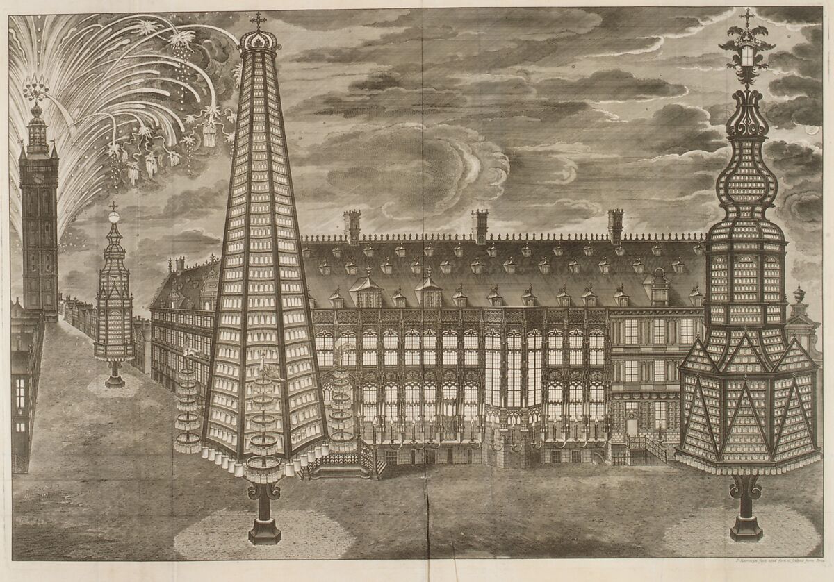 Relation de l' Inauguration Solemnelle de Sa Sacrée Majesté Imperiale et Catholique Charles VI .. comme Comte de Flandres. [Illuminations at the Hôtel de Ville and Fireworks behind the Belfry, Ghent, October 19, 1717], Jean-Baptiste van Volsum (Flemish, 1679–after 1739), Engraving, etching 