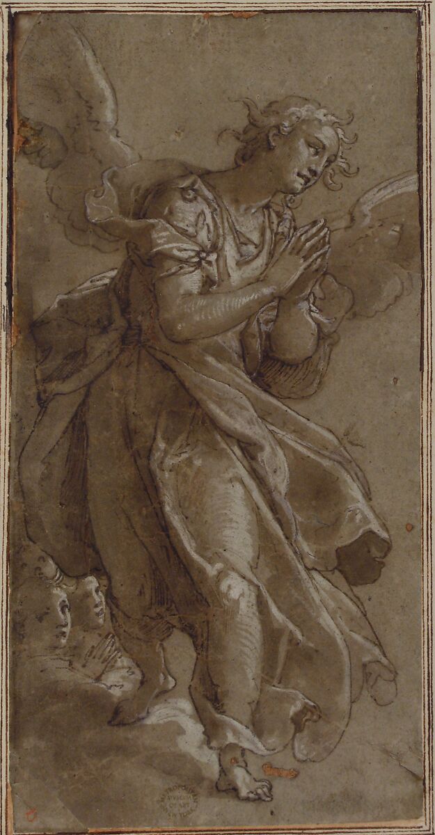 A Standing Angel and two Cherubs, Ascribed to Federico Zuccaro (Zuccari) (Italian, Sant'Angelo in Vado 1540/42–1609 Ancona), Pen and brown ink, brush and brown wash, highlighted with white gouache