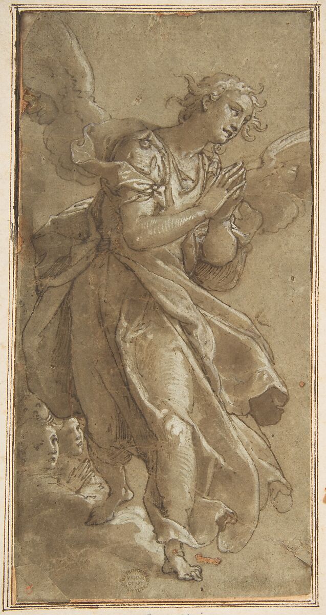 A Standing Angel and two Cherubs, Ascribed to Federico Zuccaro (Zuccari) (Italian, Sant&#39;Angelo in Vado 1540/42–1609 Ancona), Pen and brown ink, brush with brown ink, highlighted with white gouache 