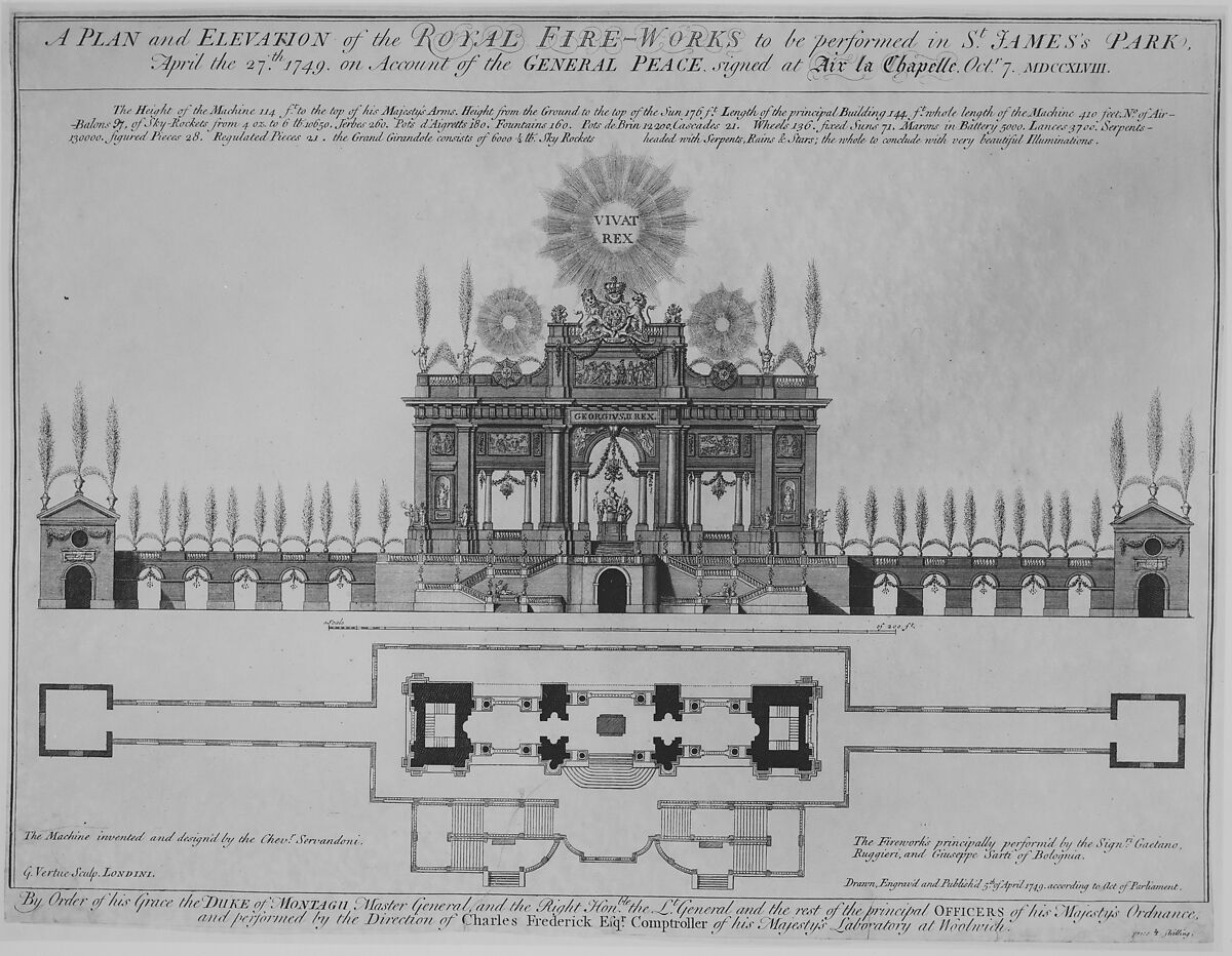 Peace of Aix-la-Chapelle: A Plan and Elevation of the Royal Fire-Works, London, 1749, George Vertue (British, London 1684–1756 London), Etching and engraving 