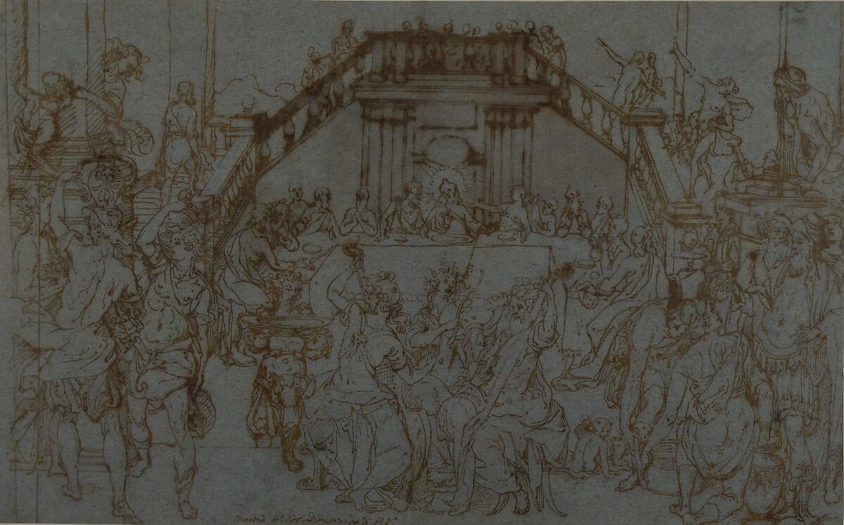 The Wedding Feast at Cana (after Paolo Veronese), After Federico Zuccaro (Zuccari) (Italian, Sant'Angelo in Vado 1540/42–1609 Ancona), Pen and brown ink on blue paper