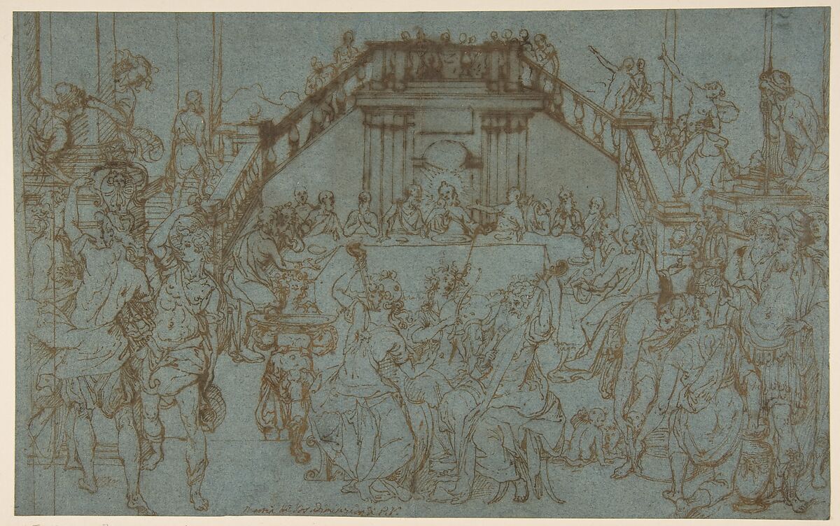 The Wedding Feast at Cana (after Paolo Veronese), After Federico Zuccaro (Zuccari) (Italian, Sant&#39;Angelo in Vado 1540/42–1609 Ancona), Pen and brown ink on blue paper 
