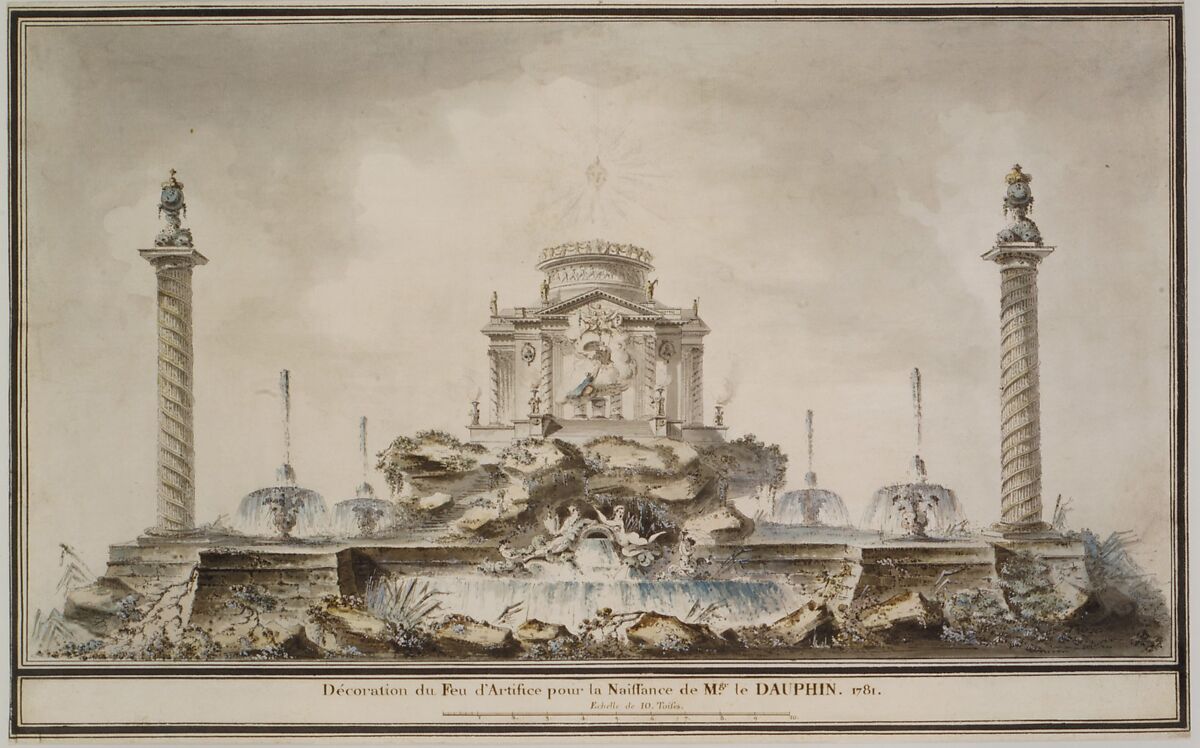 Design for the Fireworks Display in Paris for the Birth of the Dauphin in 1781, Attributed to (circle of) Louis Gustave Taraval (French, Stockholm 1738–1794 Paris), Pen and black ink, with gray, brown, and colored wash and gouache