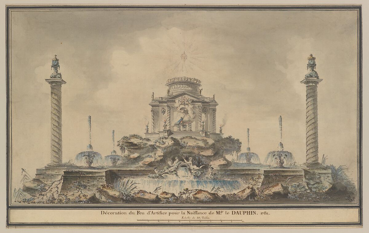Design for the Fireworks Display in Paris for the Birth of the Dauphin in 1781, Attributed to (circle of) Louis Gustave Taraval (French, Stockholm 1738–1794 Paris), Pen and black ink, with gray, brown, and colored wash and gouache 