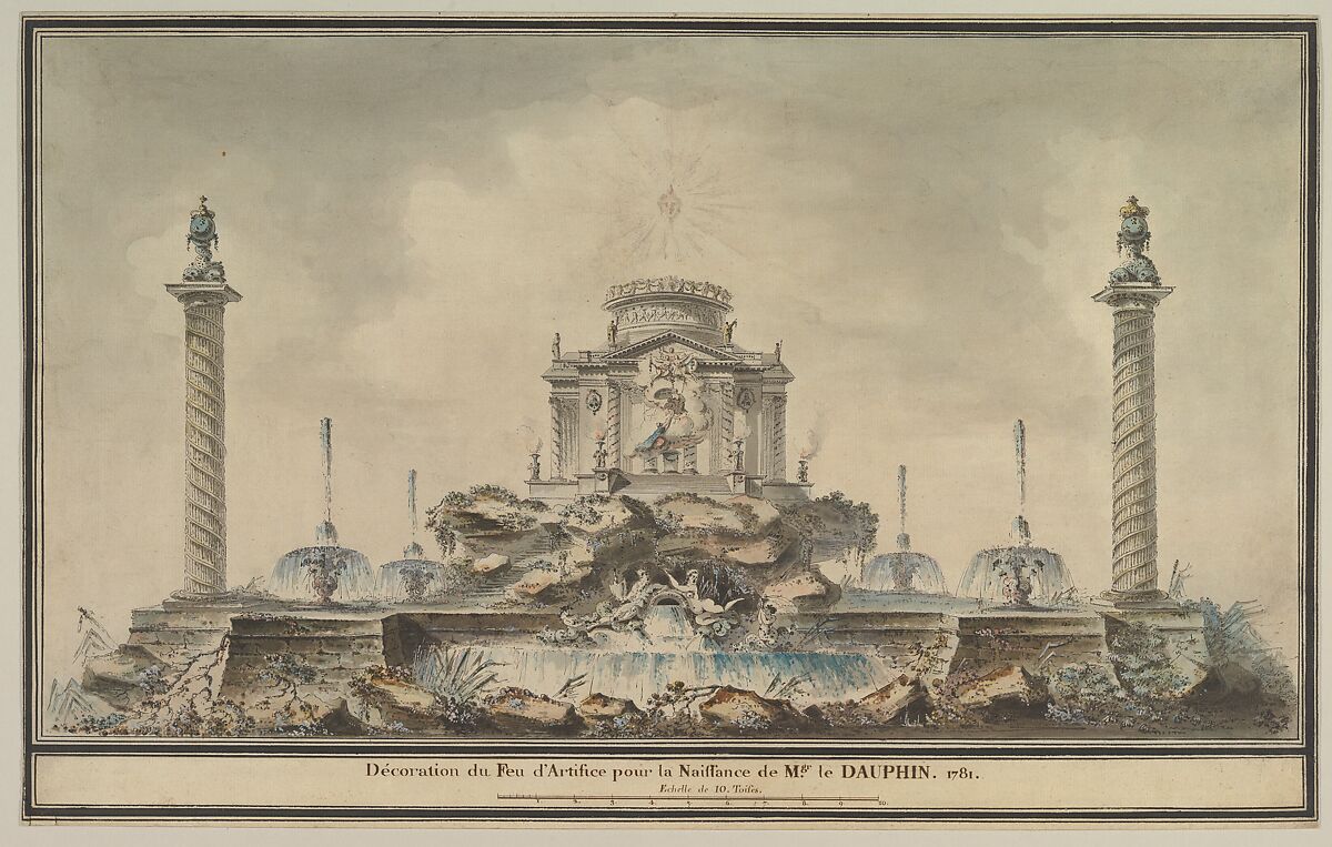 Design for the Fireworks Display in Paris for the Birth of the Dauphin in 1781, Attributed to (circle of) Louis Gustave Taraval (French, Stockholm 1738–1794 Paris), Pen and black ink, with gray, brown, and colored wash and gouache