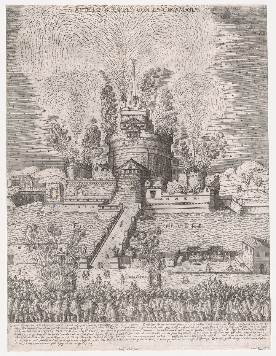 The Girandola at the Castel Sant'Angelo, Rome, from "Speculum Romanae Magnificentiae", Giovanni Ambrogio Brambilla (Italian, active Rome, 1575–99), Etching 