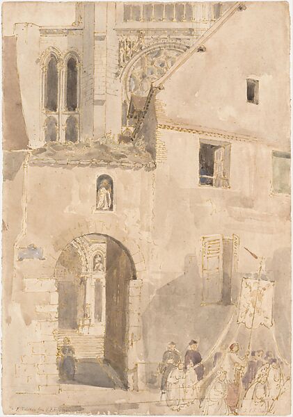 Facade of Chartres Cathedral, Roger Eliot Fry (British, Highgate, Middlesex 1866–1934 London), Watercolor, pen and green ink, over graphite 