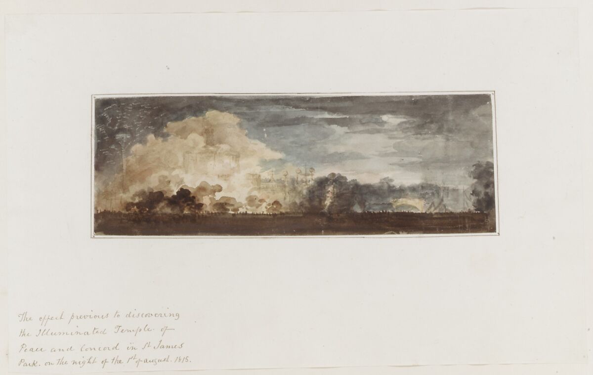 Peace of 1814 and Centennial of the House of Brunswick: "The Effect Previous to Discovering the Illuminated Temple of Peace and Concord in St. James's Park, London, August 1, 1815" [should be 1814], Anonymous, British, 19th century, Watercolor