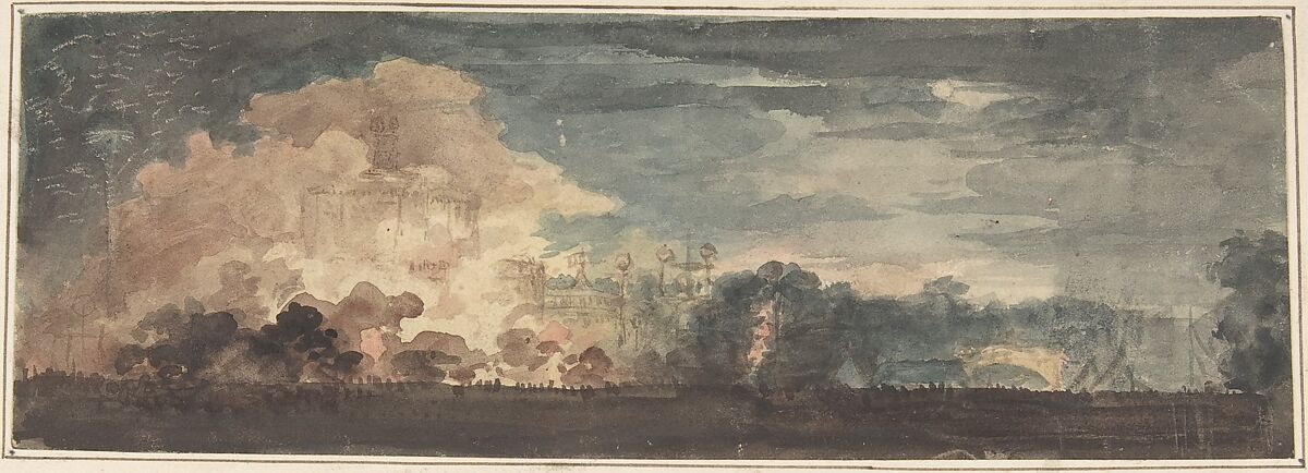 Peace of 1814 and Centennial of the House of Brunswick: "The Effect Previous to Discovering the Illuminated Temple of Peace and Concord in St. James's Park, London, August 1, 1815" [should be 1814], Anonymous, British, 19th century, Watercolor 