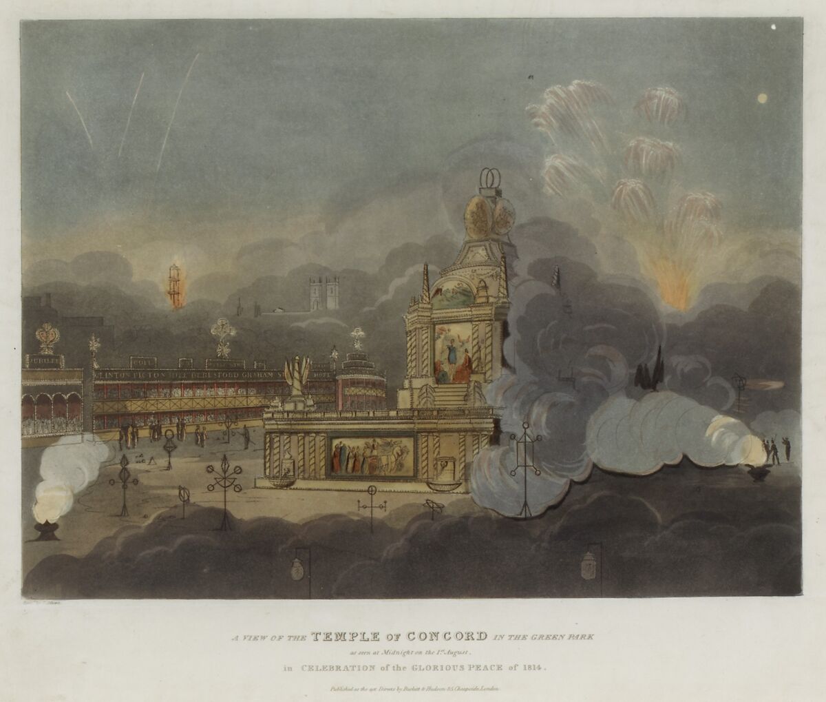 Peace of 1814 and Centennial of the House of Brunswick: A View of the Temple of Concord in Green Park, London, August 1, 1814, Frederick Calvert (British (born Ireland), Cork 1785–1845 Suffolk?), Etching and aquatint with watercolor 