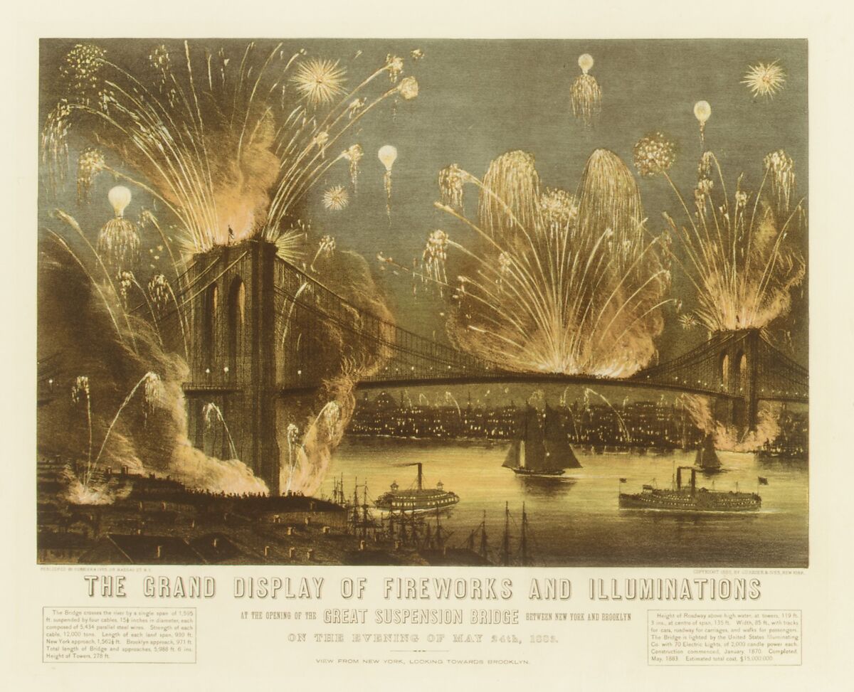 The Grand Display of Fireworks and Illuminations at the Opening of the Great Suspension Bridge between New York and Brooklyn on the Evening of May 24, 1883. View from New York Looking towards Brooklyn., Currier & Ives  American, Color lithograph