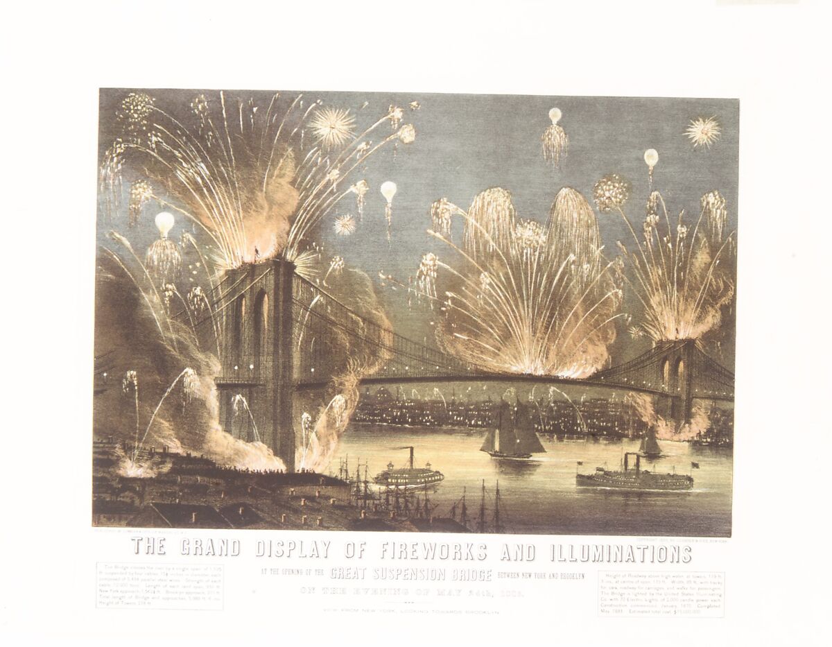 The Grand Display of Fireworks and Illuminations at the Opening of the Great Suspension Bridge between New York and Brooklyn on the Evening of May 24, 1883. View from New York Looking towards Brooklyn., Currier &amp; Ives (American, active New York, 1857–1907), Color lithograph