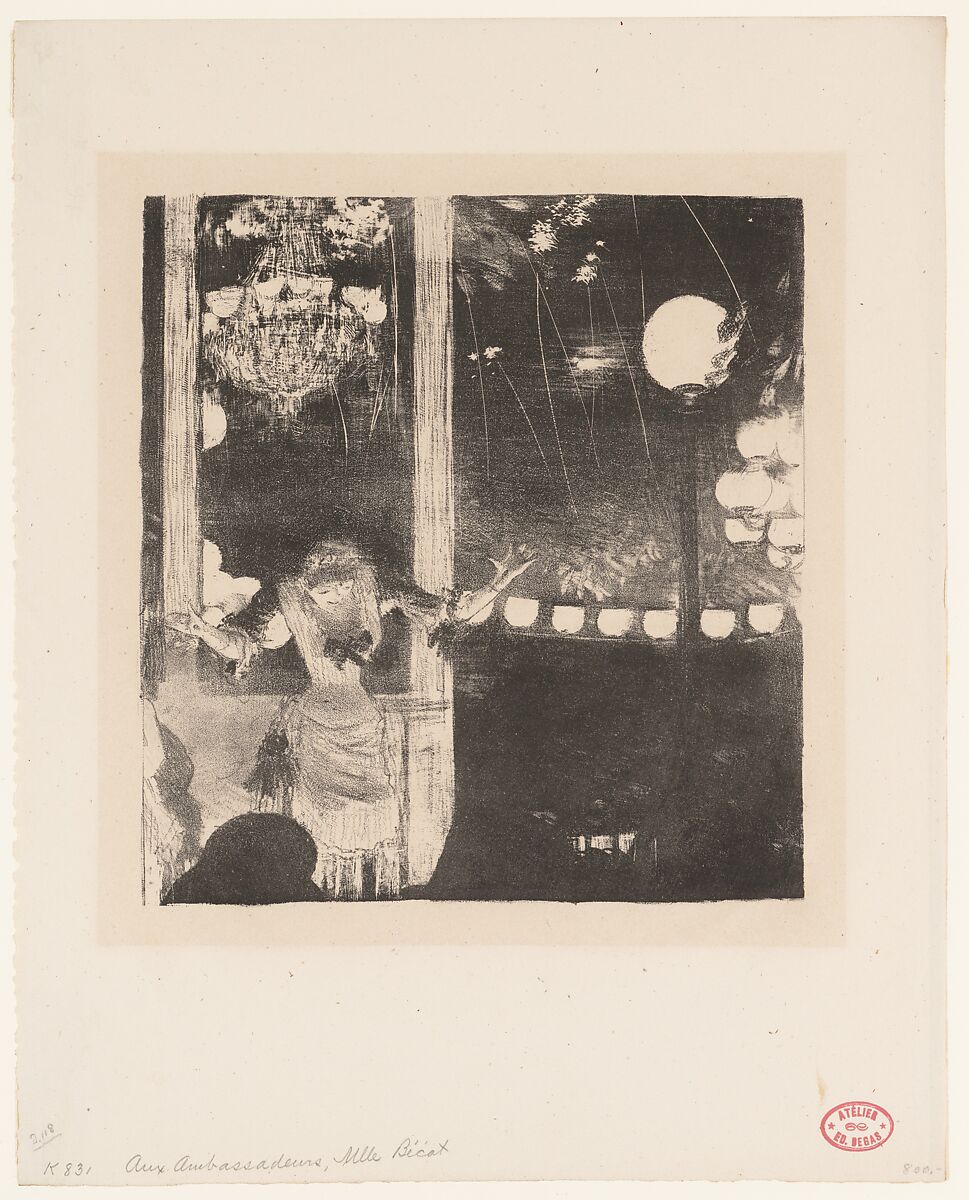 Mademoiselle Bécat at the Café des Ambassadeurs, Paris, Edgar Degas (French, Paris 1834–1917 Paris), Lithograph; only state 