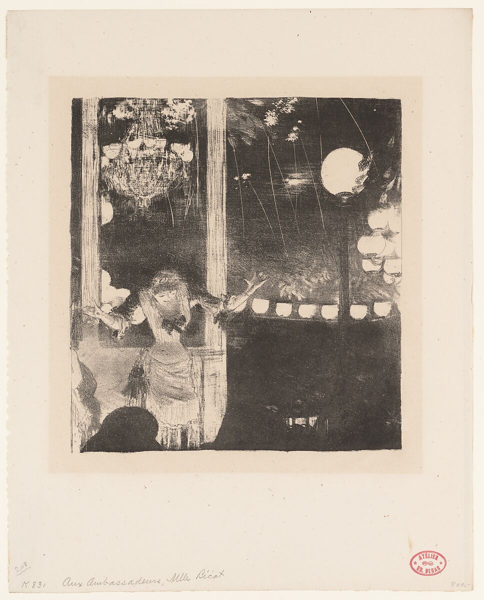 Mademoiselle Bécat at the Café des Ambassadeurs, Paris, Edgar Degas  French, Lithograph; only state