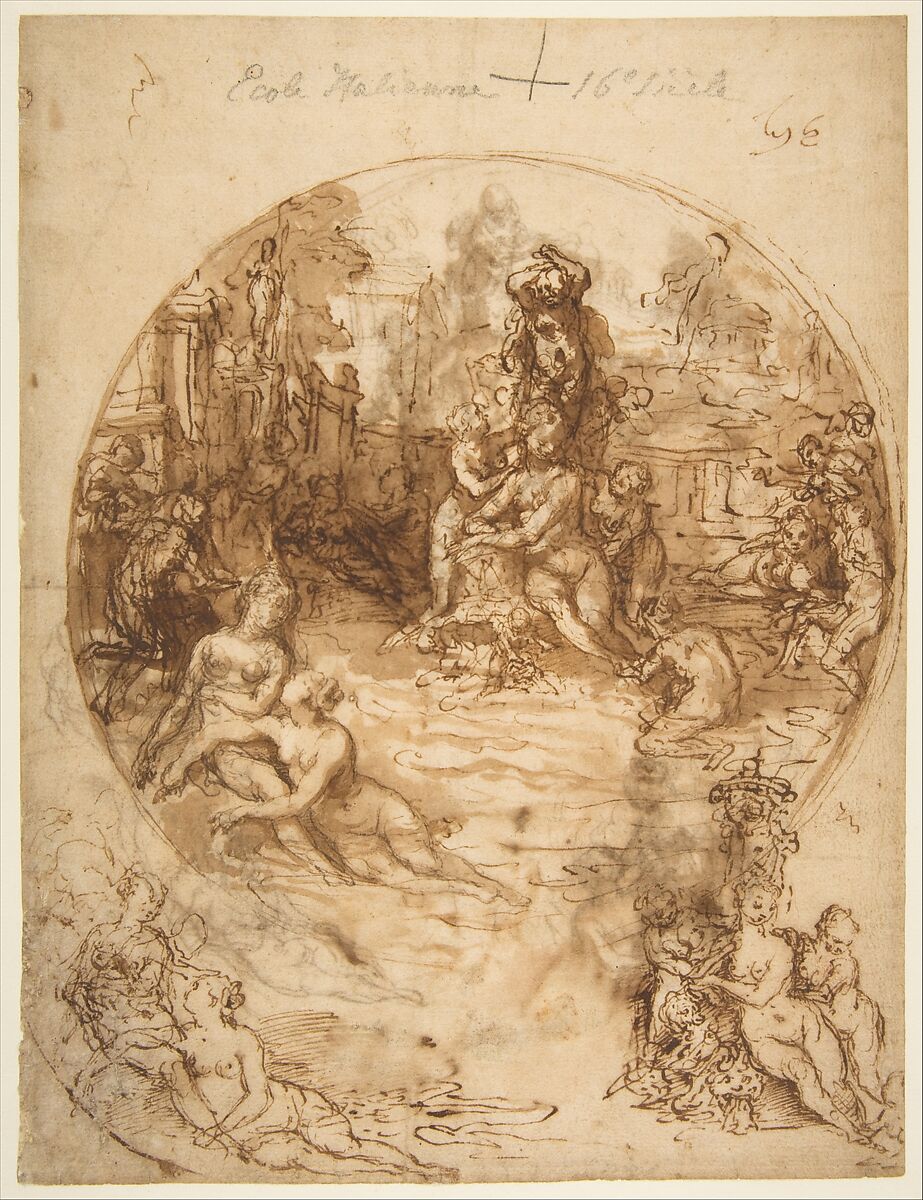 Studies for a Circular Composition of Diana and Her Nymphs Bathing (recto); Studies for the Same Composition (verso), Taddeo Zuccaro (Italian, Sant'Angelo in Vado 1529–1566 Rome), Pen and brown ink, brush and brown wash