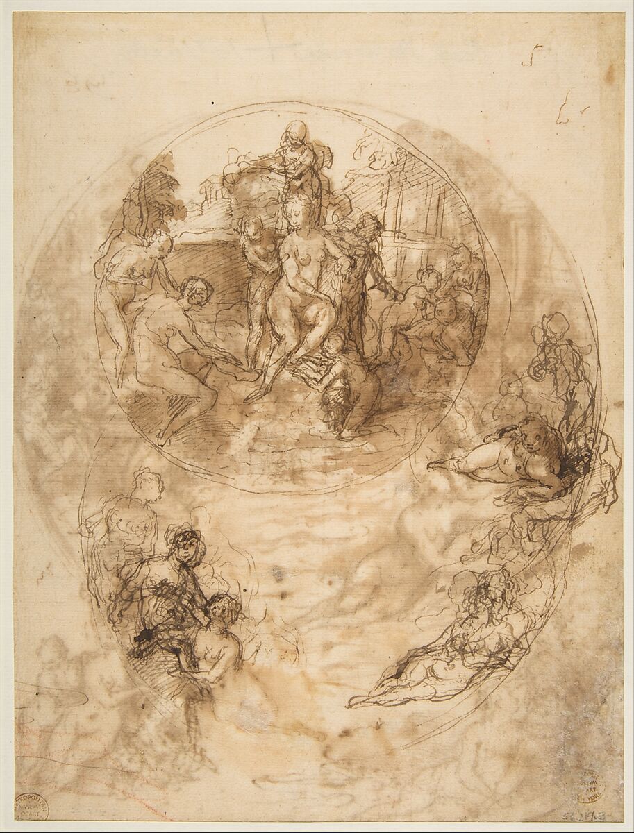 Studies for a Circular Composition of Diana and Her Nymphs Bathing (recto); Studies for the Same Composition (verso), Taddeo Zuccaro (Italian, Sant&#39;Angelo in Vado 1529–1566 Rome), Pen and brown ink, brush and brown wash 
