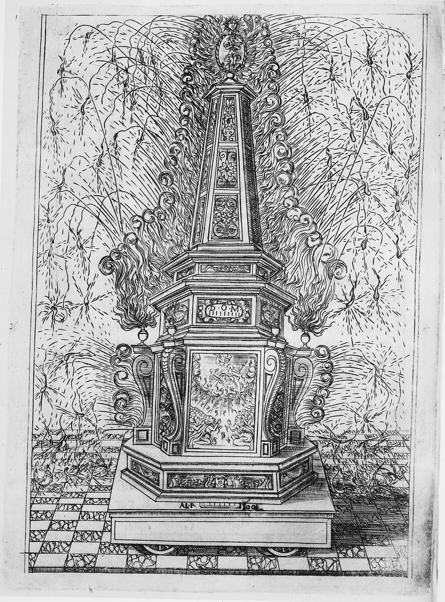 Festival for Saint Placidus, Messina, August 2, 1589: Fireworks Obelisk, Filippo Gotho  Italian, Etching