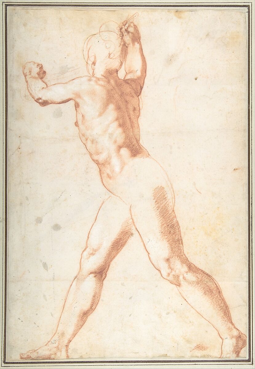 Standing Nude Man (recto); Three Studies of Soldiers (verso), Taddeo Zuccaro (Italian, Sant&#39;Angelo in Vado 1529–1566 Rome), Red chalk, highlighted with traces of white gouache (recto); red chalk (verso) 