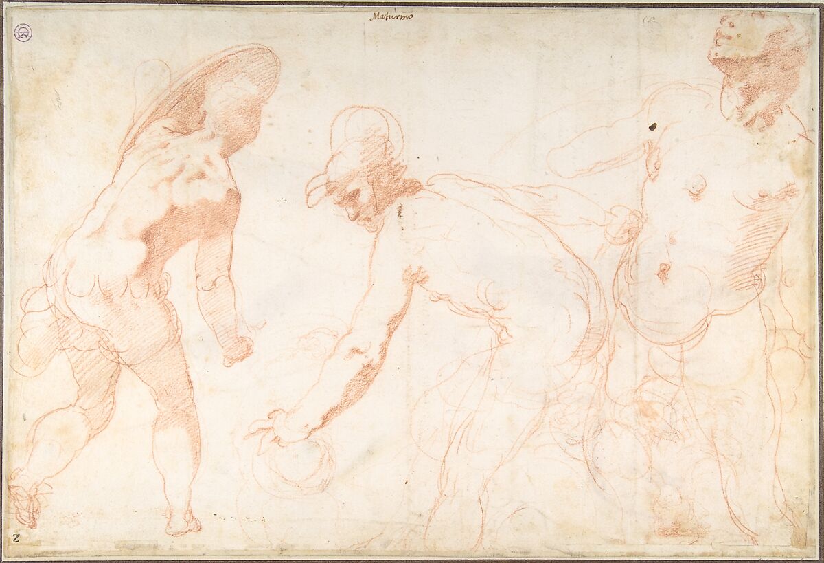 Standing Nude Man (recto); Three Studies of Soldiers (verso), Taddeo Zuccaro (Italian, Sant'Angelo in Vado 1529–1566 Rome), Red chalk, highlighted with traces of white gouache (recto); red chalk (verso)
