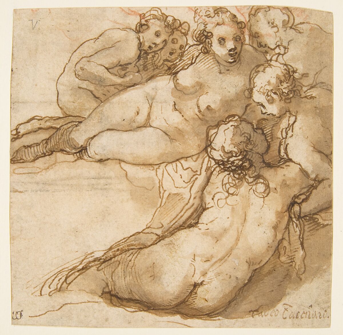 Group of Six Reclining Nude Women (Nymphs Bathing) (recto); Sketch of a Leg (verso), Taddeo Zuccaro (Italian, Sant&#39;Angelo in Vado 1529–1566 Rome), Pen and brown ink, brush and brown wash, traces of red chalk (recto), red chalk (verso) 