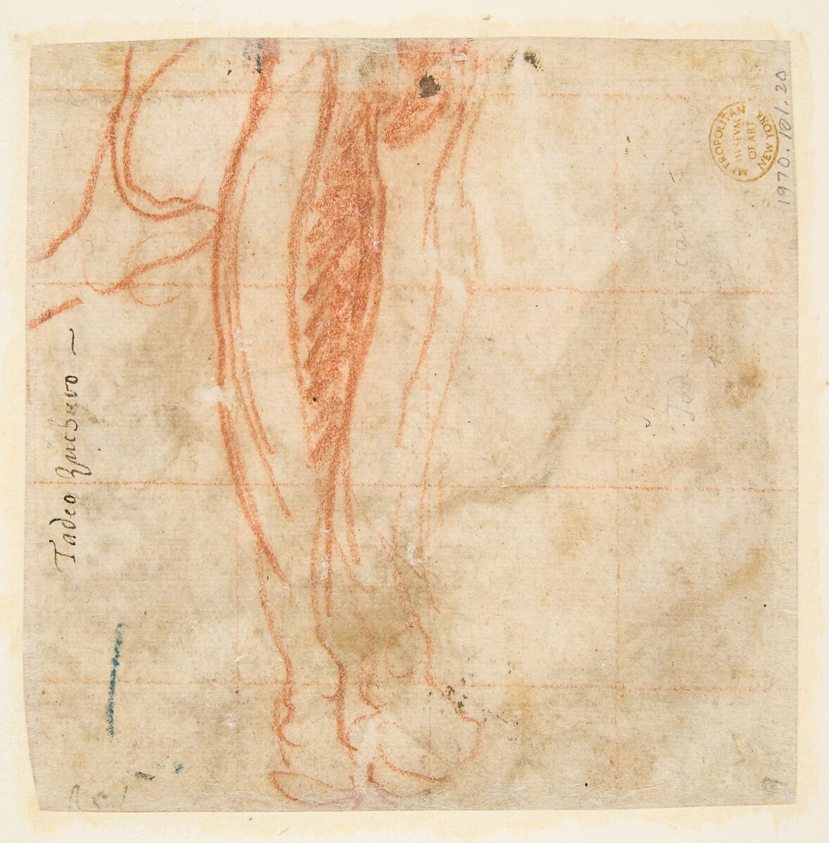 Group of Six Reclining Nude Women (Nymphs Bathing) (recto); Sketch of a Leg (verso), Taddeo Zuccaro (Italian, Sant'Angelo in Vado 1529–1566 Rome), Pen and brown ink, brush and brown wash, traces of red chalk (recto), red chalk (verso)