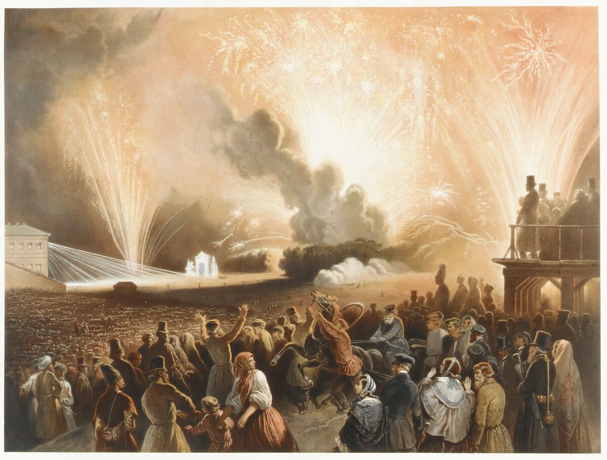 Coronation of Alexander II, Moscow, September 17, 1856: Fireworks Display before the Cadets' Building, Achille-Isidore Gilbert (French, Paris 1828–1899 Paris), Color lithograph 