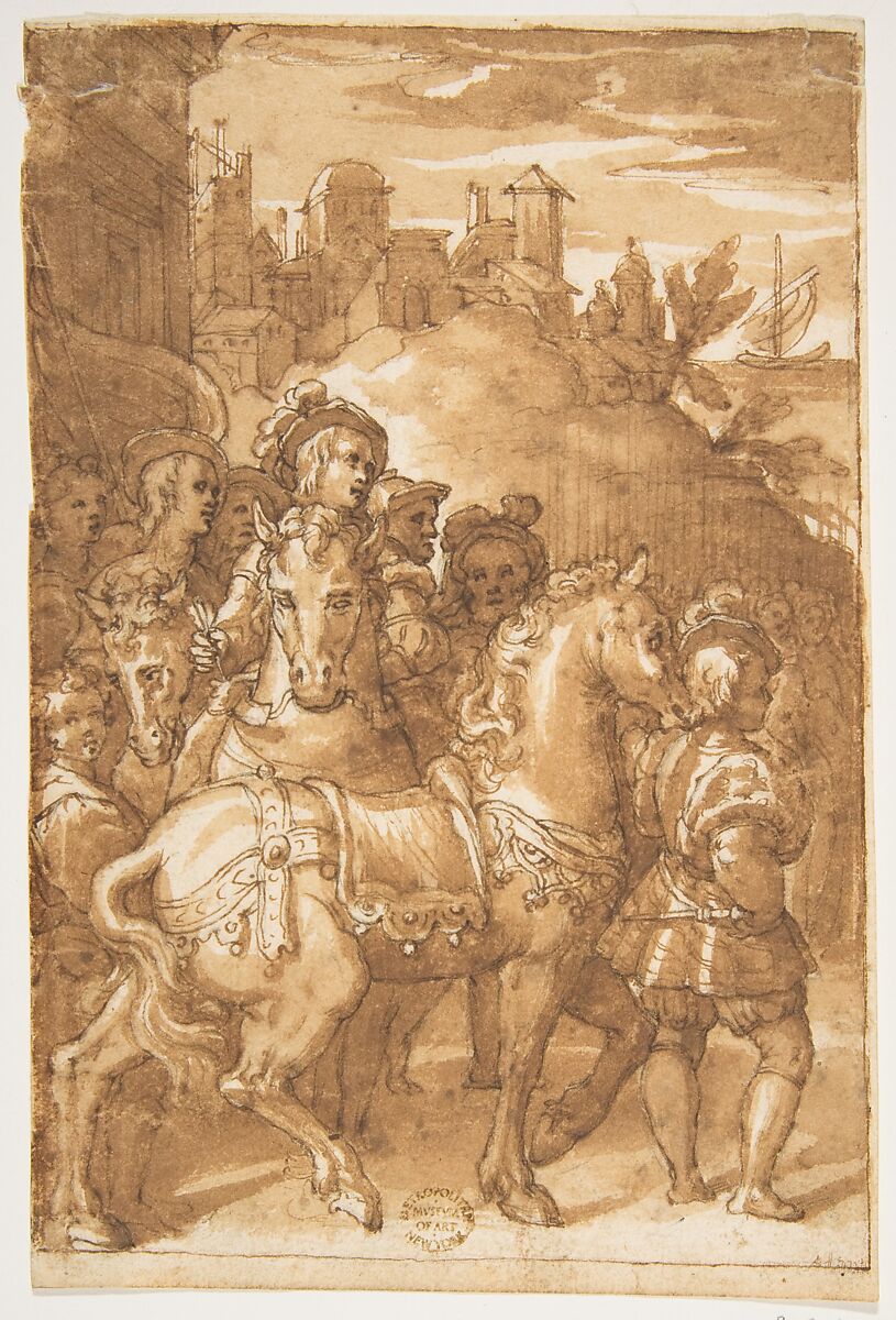 Study for the Armistice between King Francis I of France and Emperor Charles V, fresco in the Palazzo Farnese, Caprarola, After Taddeo Zuccaro (Italian, Sant&#39;Angelo in Vado 1529–1566 Rome), Pen and brown ink, brush and brown wash over traces of black chalk 