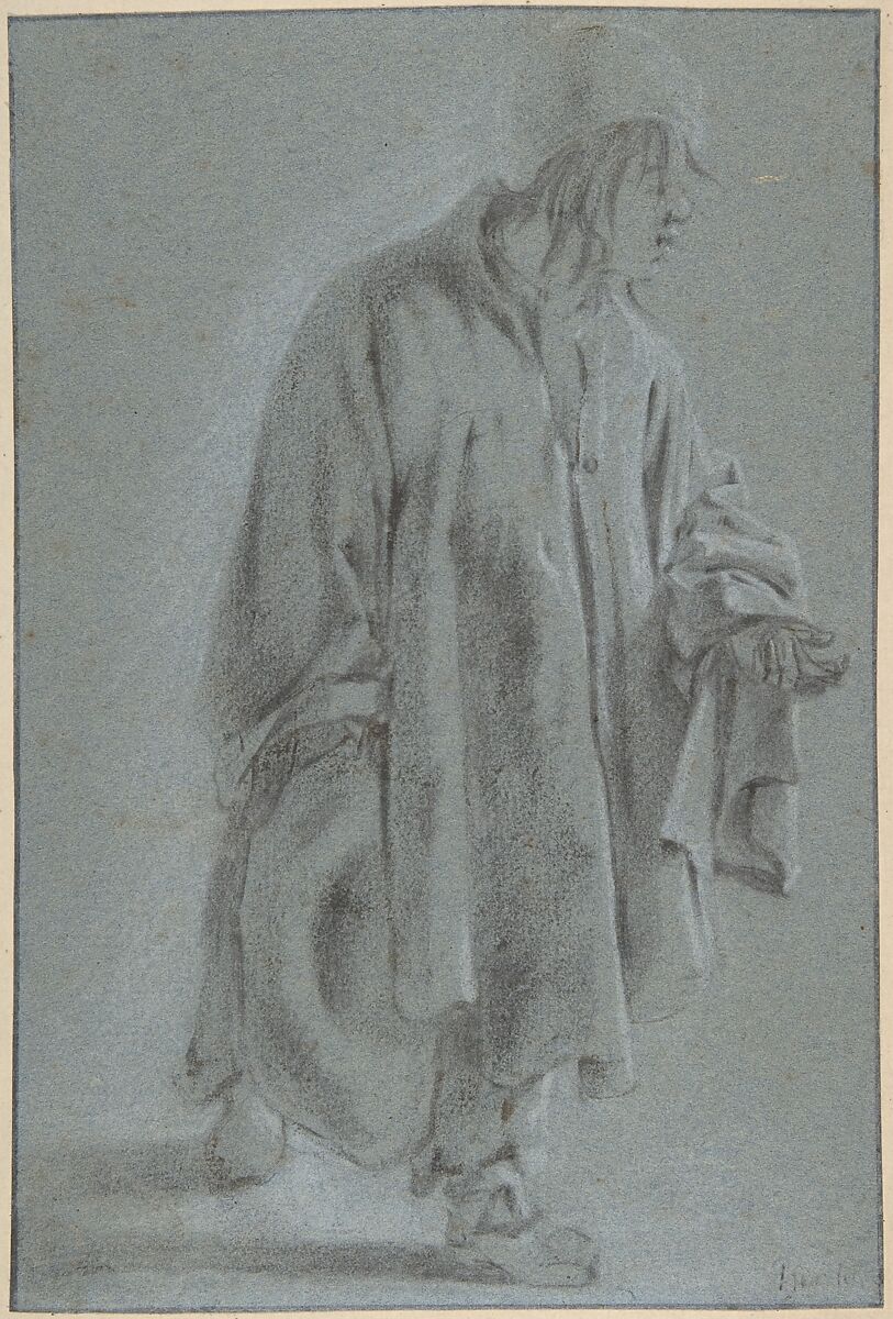 Standing Beggar, Attributed to Jan Both (Dutch, Utrecht ca. 1618–1652 Utrecht), Black and white chalk on blue paper 