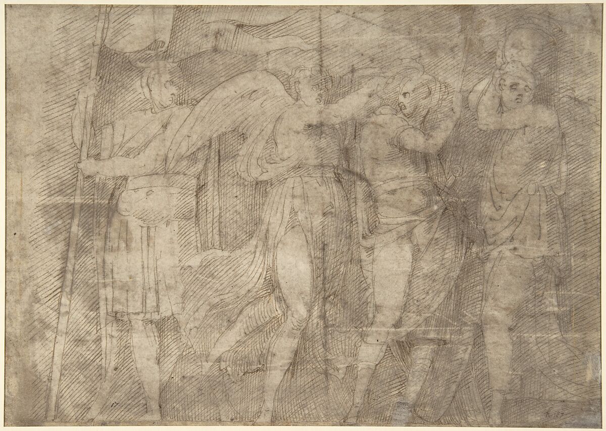 Landscape with Saint Christopher and Male Monastic Saint (recto); Victory Crowning a Warrior, and Two Other Figures (verso), Anonymous, Italian, North Italy, 16th century, Pen and brown ink, brush and brown wash, highlighted with light yellow gouache (recto); pen and brown ink (verso)