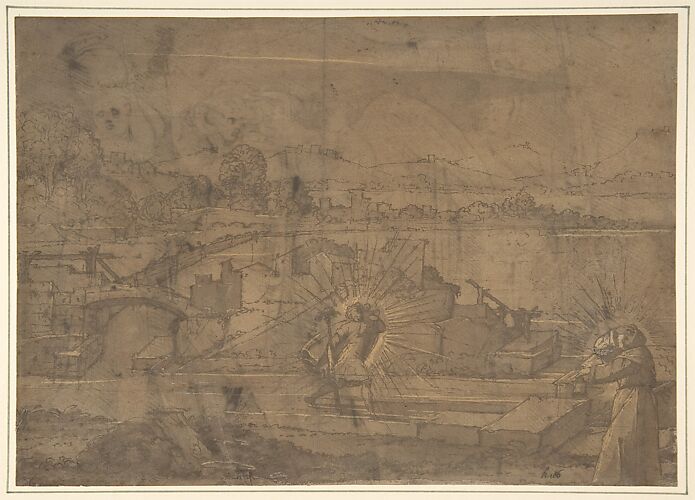 Landscape with Saint Christopher and Male Monastic Saint (recto); Victory Crowning a Warrior, and Two Other Figures (verso).