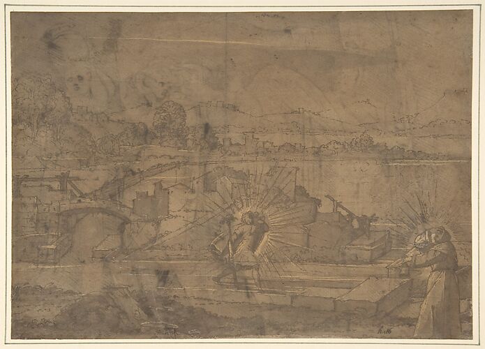 Landscape with Saint Christopher and Male Monastic Saint (recto); Victory Crowning a Warrior, and Two Other Figures (verso)