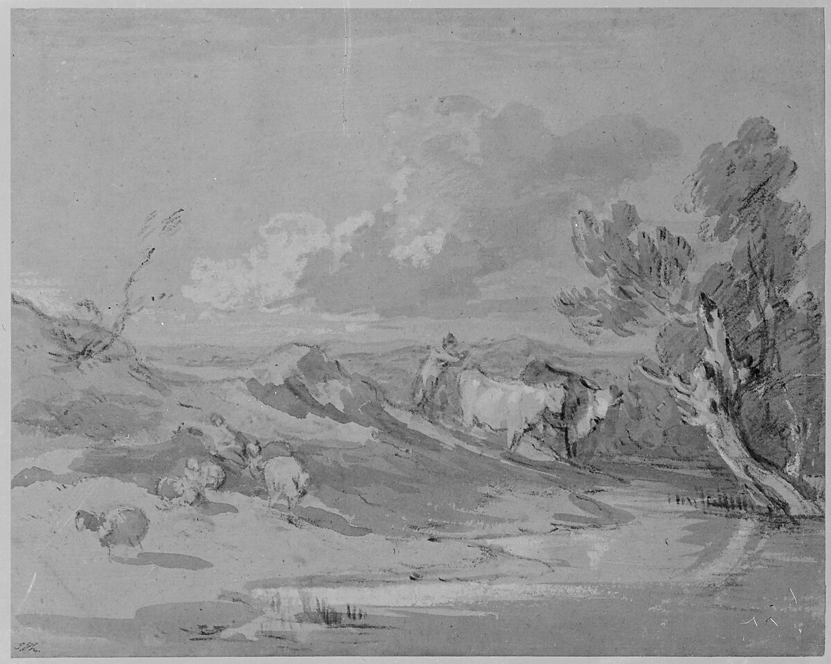 Open Landscape with Herdsman, Cows, and Sheep, Thomas Gainsborough (British, Sudbury 1727–1788 London), Brown chalk, washed with black ink and touched with white gouache (bodycolor)