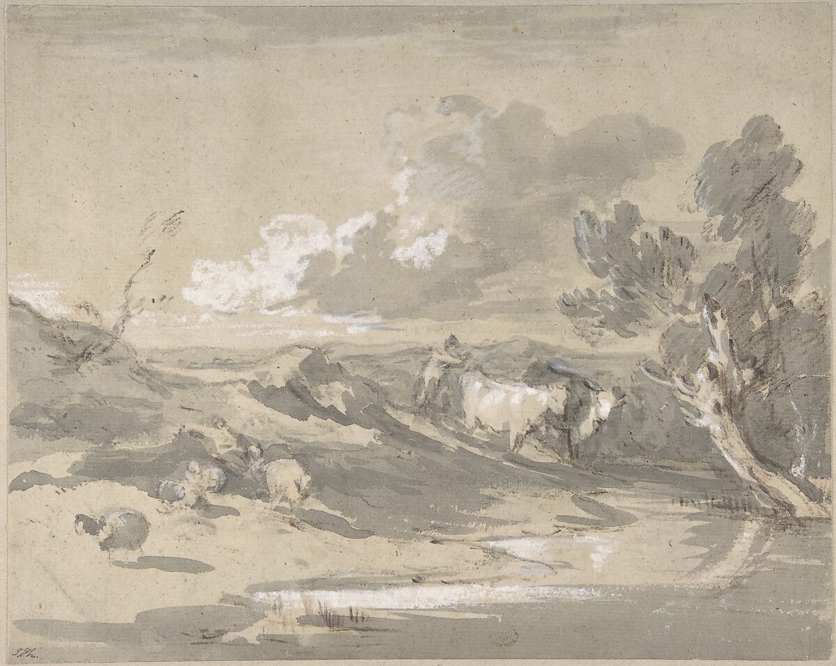 Open Landscape with Herdsman, Cows, and Sheep, Thomas Gainsborough (British, Sudbury 1727–1788 London), Brown chalk, washed with black ink and touched with white gouache (bodcolor) 