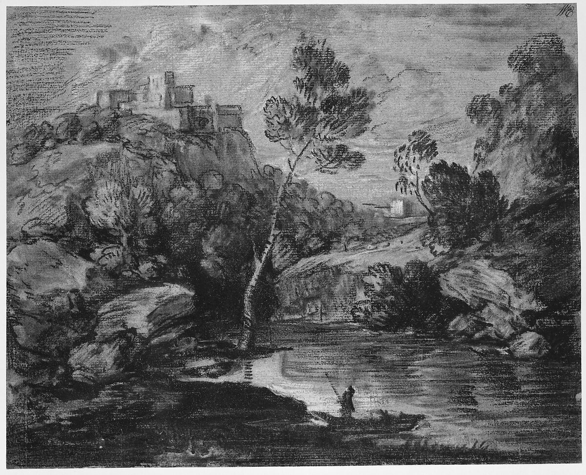 Mountain Landscape with a Castle and a Boatman, Thomas Gainsborough (British, Sudbury 1727–1788 London), Black and white chalk with stumping on blue wove paper