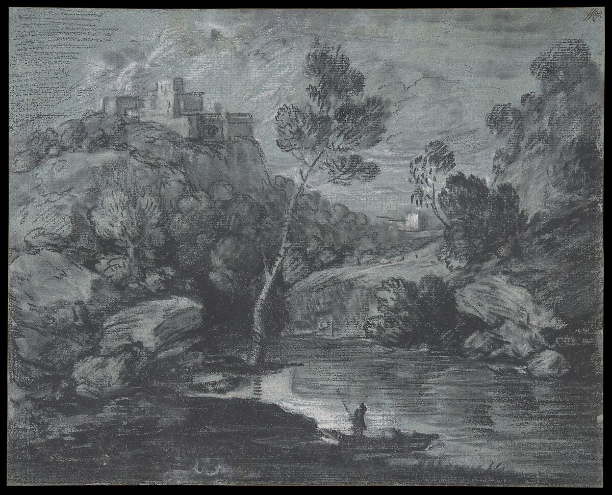 Mountain Landscape with a Castle and a Boatman, Thomas Gainsborough (British, Sudbury 1727–1788 London), Black and white chalk with stumping on blue wove paper 