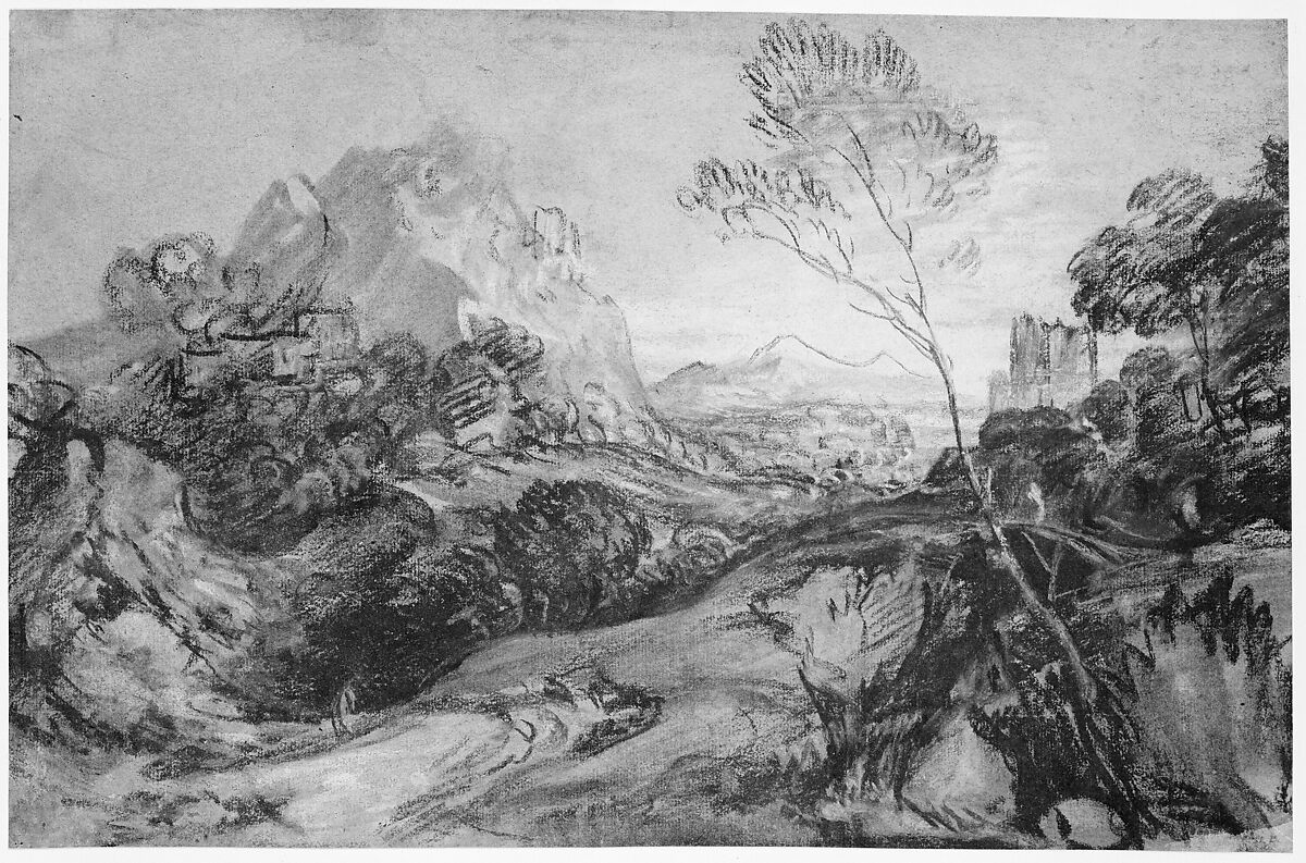 Mountain Landscape with Figures and Buildings, Thomas Gainsborough (British, Sudbury 1727–1788 London), Black and white chalk with stumping, on blue-gray paper