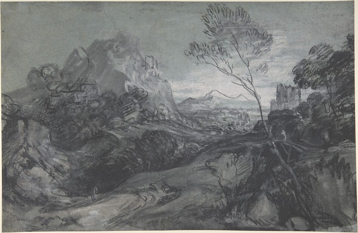 Mountain Landscape with Figures and Buildings, Thomas Gainsborough (British, Sudbury 1727–1788 London), Black and white chalk with stumping, on blue-gray paper 