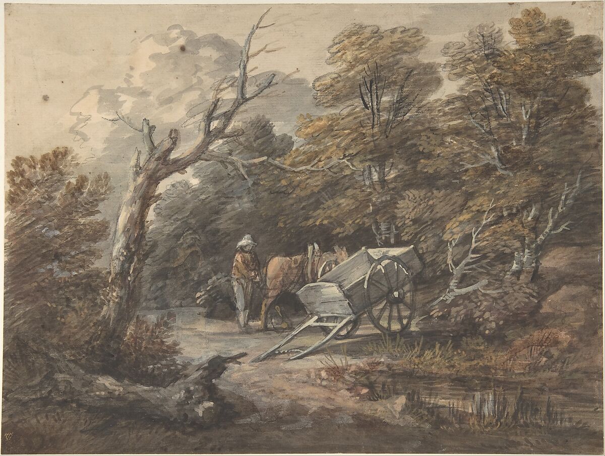 Woodland Scene with a Peasant, a Horse, and a Cart, Thomas Gainsborough (British, Sudbury 1727–1788 London), Watercolor,  gouache (bodycolor), gray wash and black chalk 