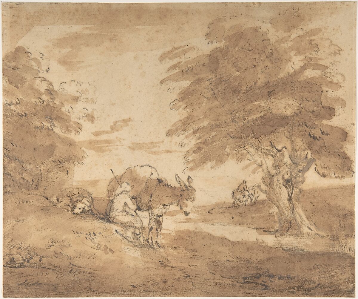 A Rest by the Way (Open Landscape with Figures, Donkey and Horses), Thomas Gainsborough (British, Sudbury 1727–1788 London), Black chalk, brush and brown wash 