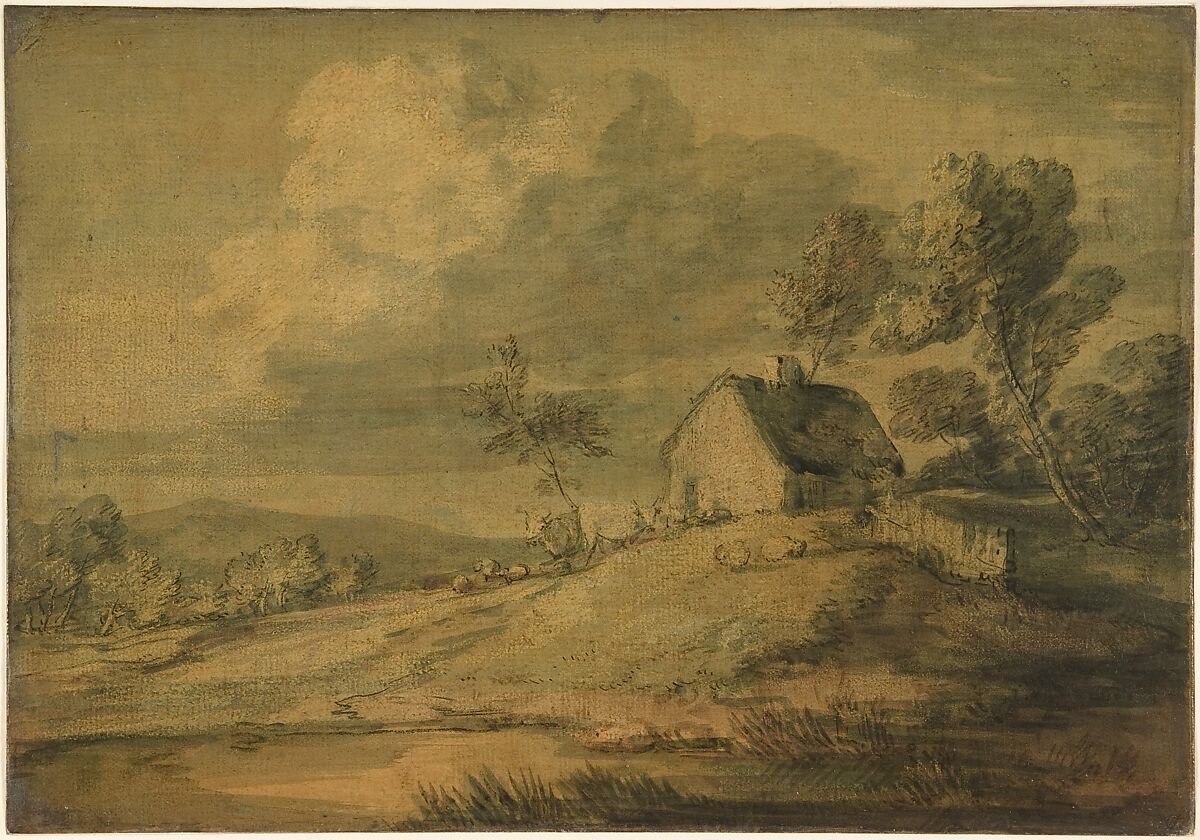 Wooded Landscape with Cottage, Cows and Sheep, Thomas Gainsborough (British, Sudbury 1727–1788 London), Black chalk, pen and black ink, blue and brown washes, heightened with white gouache (bodycolor) 