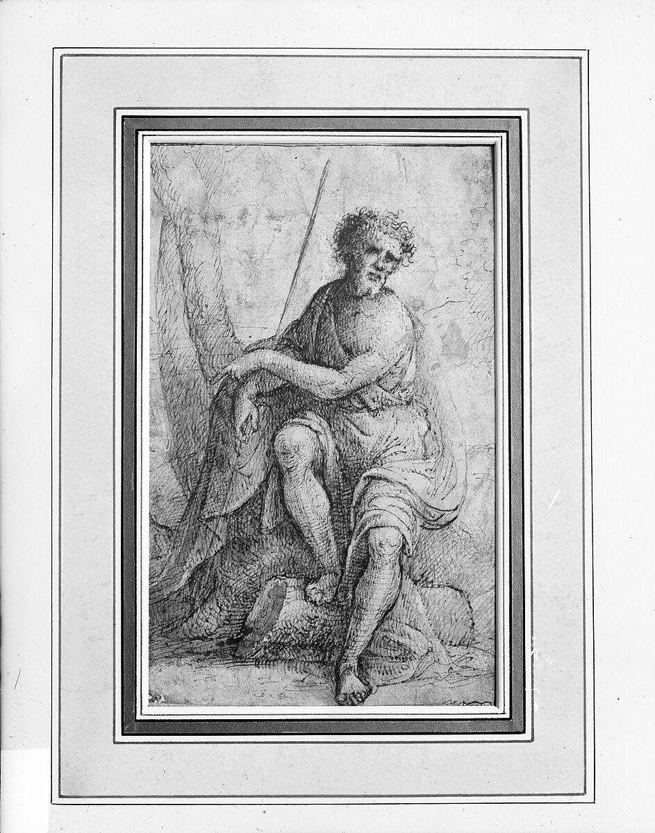 Saint John the Baptist, Anonymous, Italian, North Italy, 16th century, Pen and dark brown ink, brush and brown wash over traces of black chalk and compass and incised lines (recto); framing lines in pen and dark brown ink;  design traced in black chalk (verso)