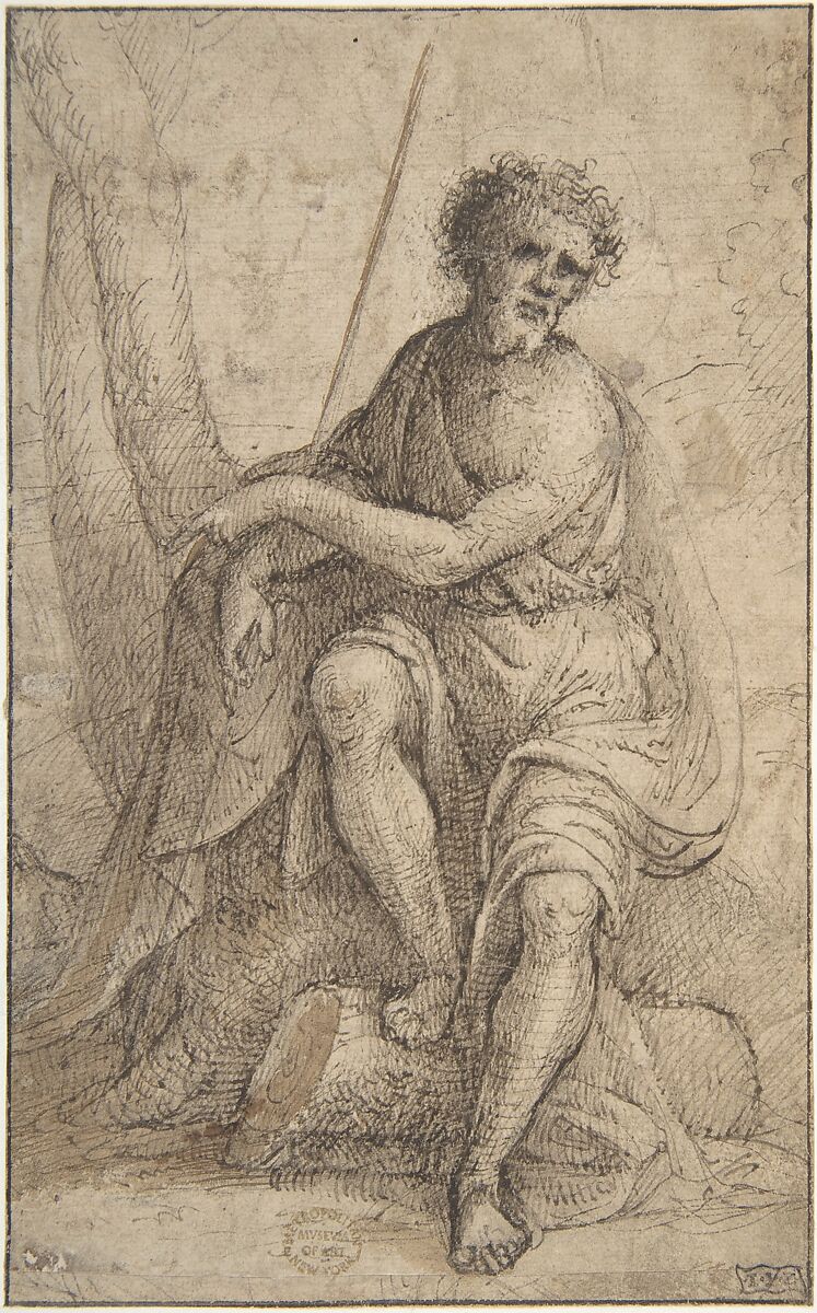 Saint John the Baptist, Anonymous, Italian, North Italy, 16th century, Pen and dark brown ink, brush and brown wash over traces of black chalk and compass and incised lines (recto); framing lines in pen and dark brown ink.  Design traced in black chalk (verso) 