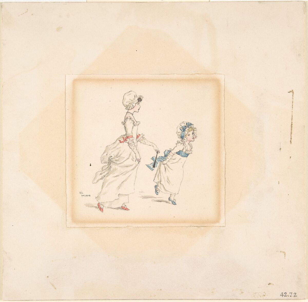 Woman and Child, Kate Greenaway (British, London 1846–1901 London), Graphite with touches of watercolor 