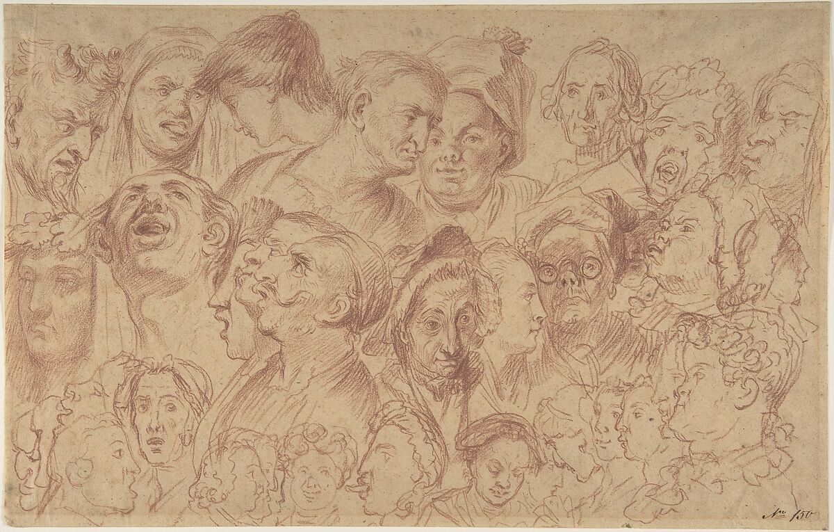 Sheet of Studies of Heads, After William Hogarth (British, London 1697–1764 London), Red chalk 