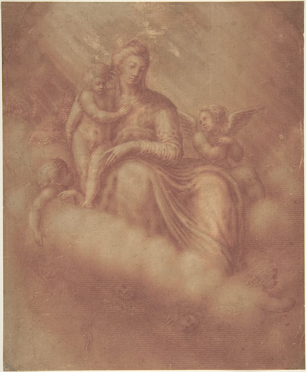 Madonna and Child Among the Clouds, Anonymous, Italian, 16th century (Italian, active Central Italy, ca. 1550–1580), Red chalk, stumped and blended, brush and brown wash, with traces of white gouache (?) highlighting, on cream-colored paper 