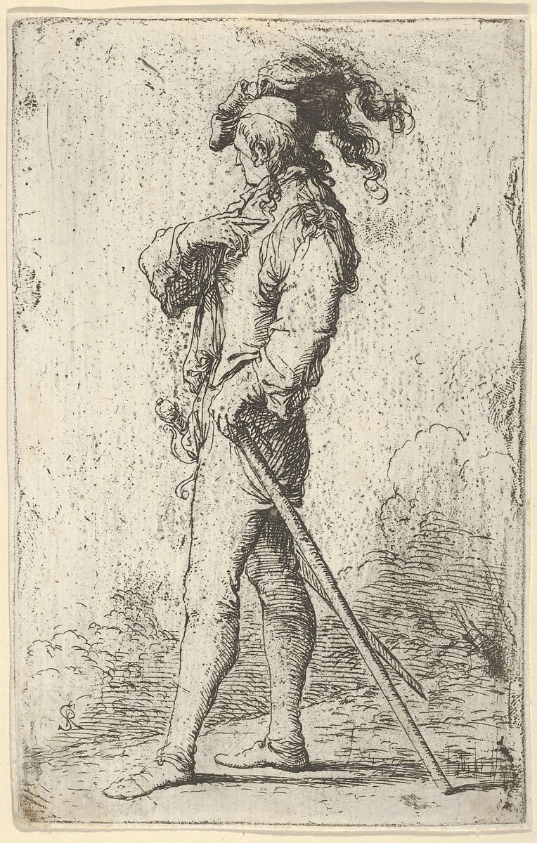 A warrior facing left wearing a plumed hat and holding a cane, from "Figurine", Salvator Rosa (Italian, Arenella (Naples) 1615–1673 Rome), Etching 