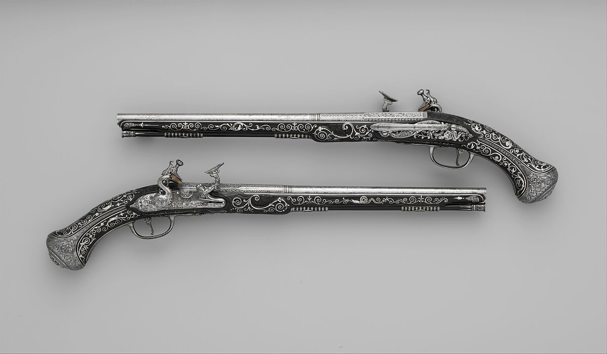 Pair of Snaphaunce Pistols, Matteo Cecchi, called Acquafresca (Italian, Bargi, 1651–1738), Steel, silver, wood (ebony), Italian, Bargi 